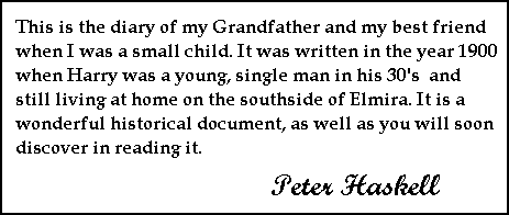 This is the diary of my Grandfather and my best friend when I was a small child. It was written in the year 1900 when Harry was a young, single man in his 30's and still living at home on the southside of Elmira. It is a wonderful historical document, as well as you will soon discover in reading it.